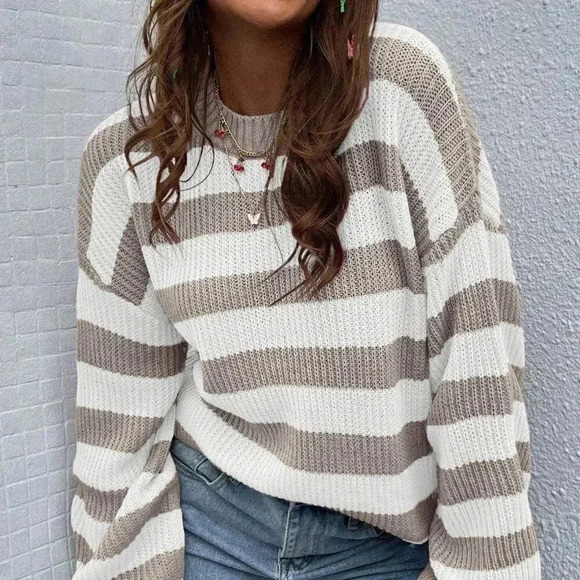 Multicolor Casual Women's Striped Pattern Drop Shoulder Sweater - Picture 8 of 8